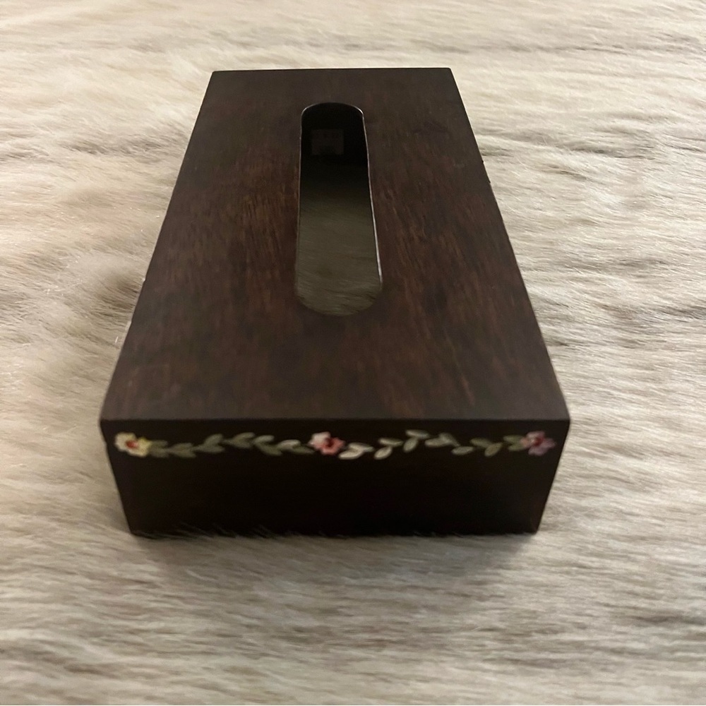 Vintage HANDPAINTED Flowets Dark Wooden Rectangle Tissue Box Covet Midcentury - Picture 5 of 12